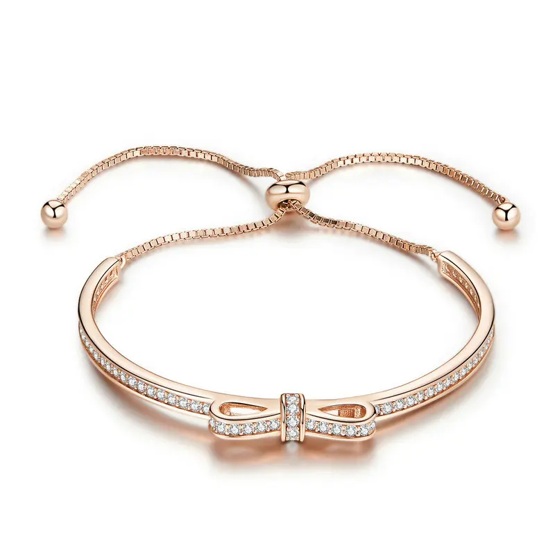 ROSE GOLD BAMOER высокое качество 925 пробы Серебряный бант прозрачный кубический циркон браслеты для женщин Стерлинговое серебро ювелирные изделия SCB108 - Цвет камня: ROSE GOLD