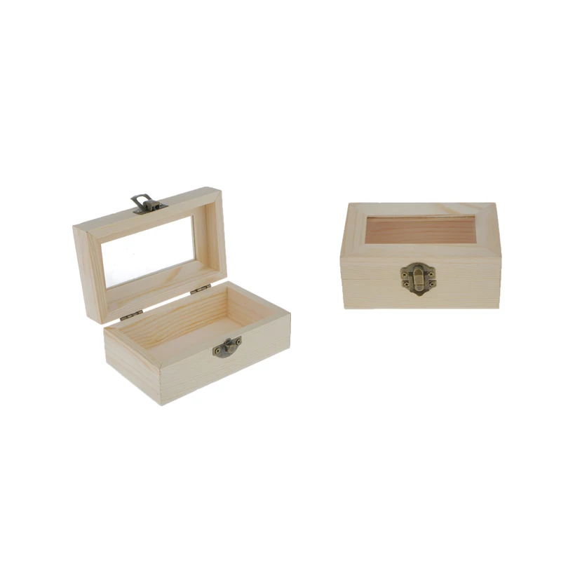 Необработанный деревянный ящик для хранения ювелирных изделий с стеклянной