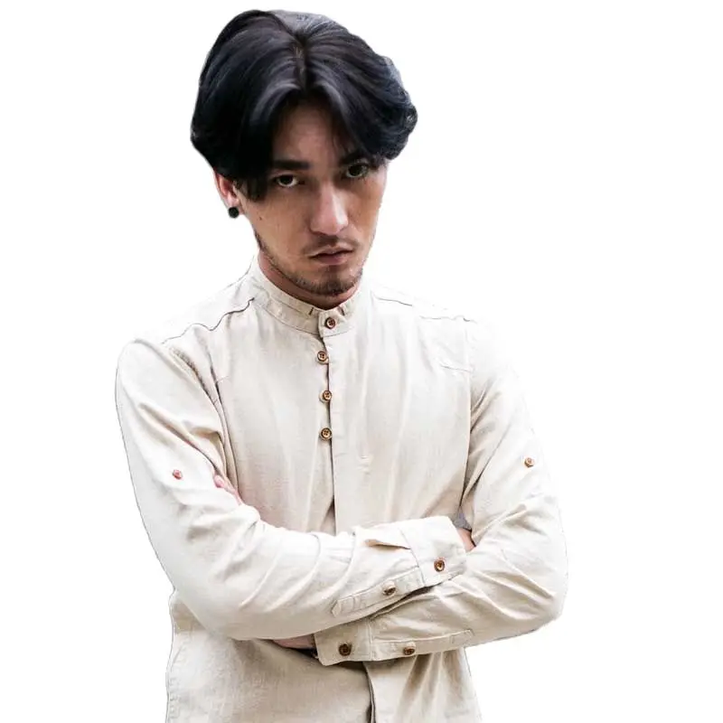 Рубашка мужская с воротником-стойкой хлопково-Льняная сорочка длинным рукавом