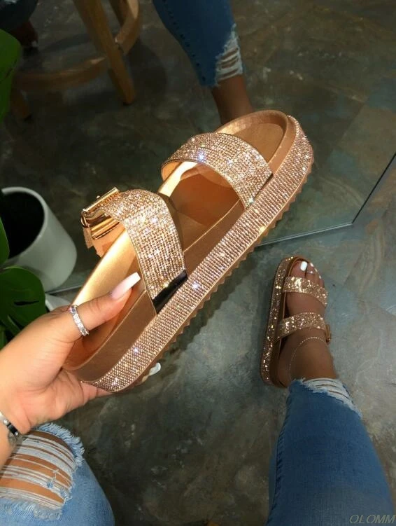 

Spring/summer 2020 women double-layer rhinestone buckle sandals outside wild beach slippers ladies leisure home travel flip flop