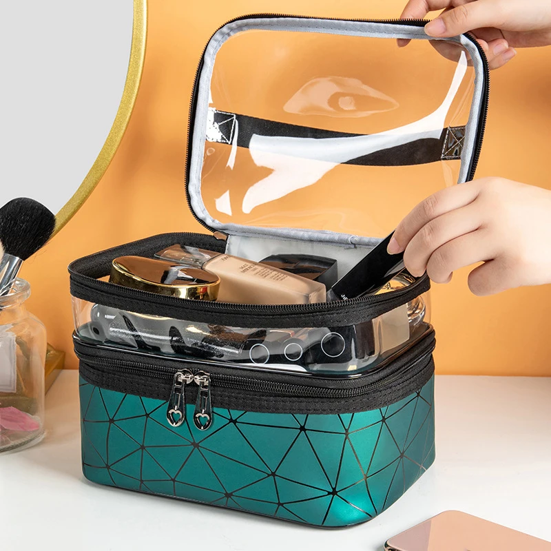 

Women Multifunctional Travel Cosmetic Organizer Transparent PVC Cosmetic Bag Double Layers Makeup Case Accessories Supplies
