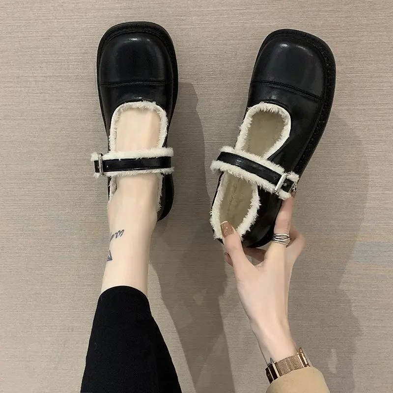 

Warm Plush Mary Janes Women Shoes Woman Flats New Slip on Shallow Round Toe Buckle Strap Solid Leather Casual Shoes Plus Size