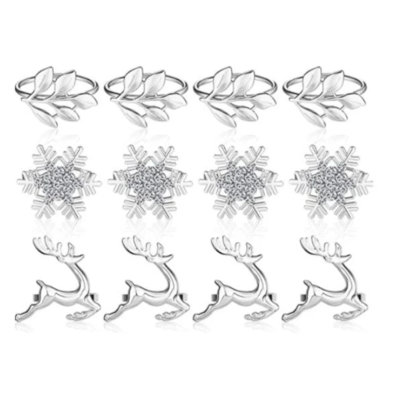 

12 Pcs Napkin Rings, Leaf Napkin Holders Elk Reindeer Napkin Buckle Snowflake Napkin Ring Holders Dinner Table Rings