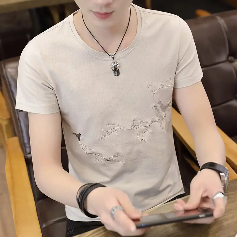 

Футболка мужская с круглым вырезом и коротким рукавом, Модный повседневный топ в западном стиле, корейский стиль, лето