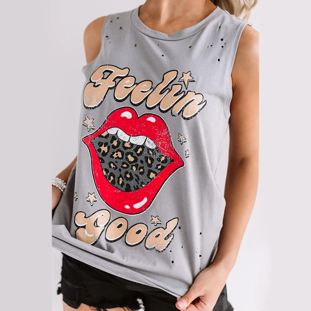 

Tank Tops T shirts Vest tops Women O neck Big Lip print sleeveless top Loose Summer Beach Sexy Top Streetwear Camisole WomenQ30