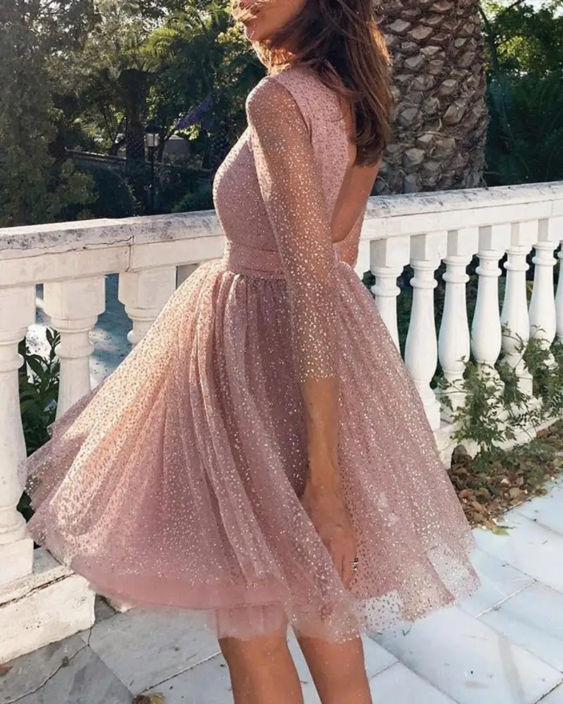 

2019 Autumn Women Glitter Sequins Mesh Pleated Dress Sexy Ladies Backless Big Swing Mini Dresses