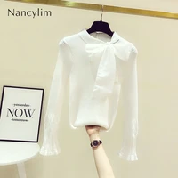 bow collar sweater women long flare sleeve knitwear female autumn pullovers new design slimming top femme white black
