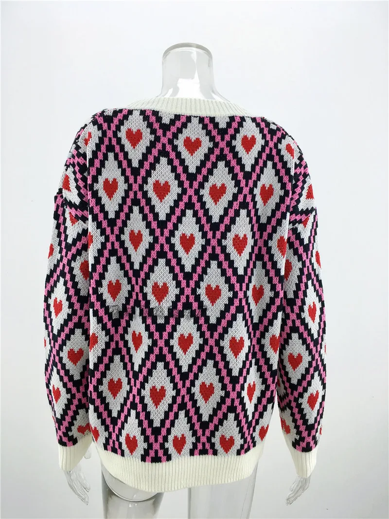 Heart Print Ladies Knitted Cardigan Female Casual Single Breasted Jumper Autumn Winter V-Neck Oversized Women Sweater Tops |