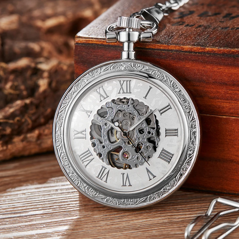 Golden Sliver Smooth Automatic Mechanical Pocket Watch Steampunk Skeleton Fob Chain Hand Winding Hollow for Men Women