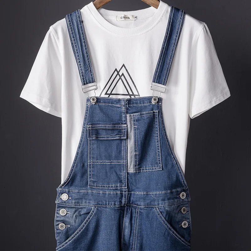 Fahsion Man Jeans Bib Overalls Multi-Pocket Splice Style Streetwear Hip Hop Denim Jumpsuits Trousers Blue Leisure Freight Pants