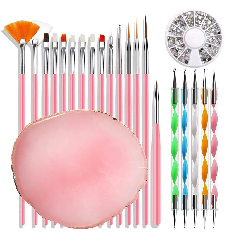 

Nail painting brush kits with 5pcs dotting pen 1 box rhinestones and crystal color tray manicure tools set accessories NAK019