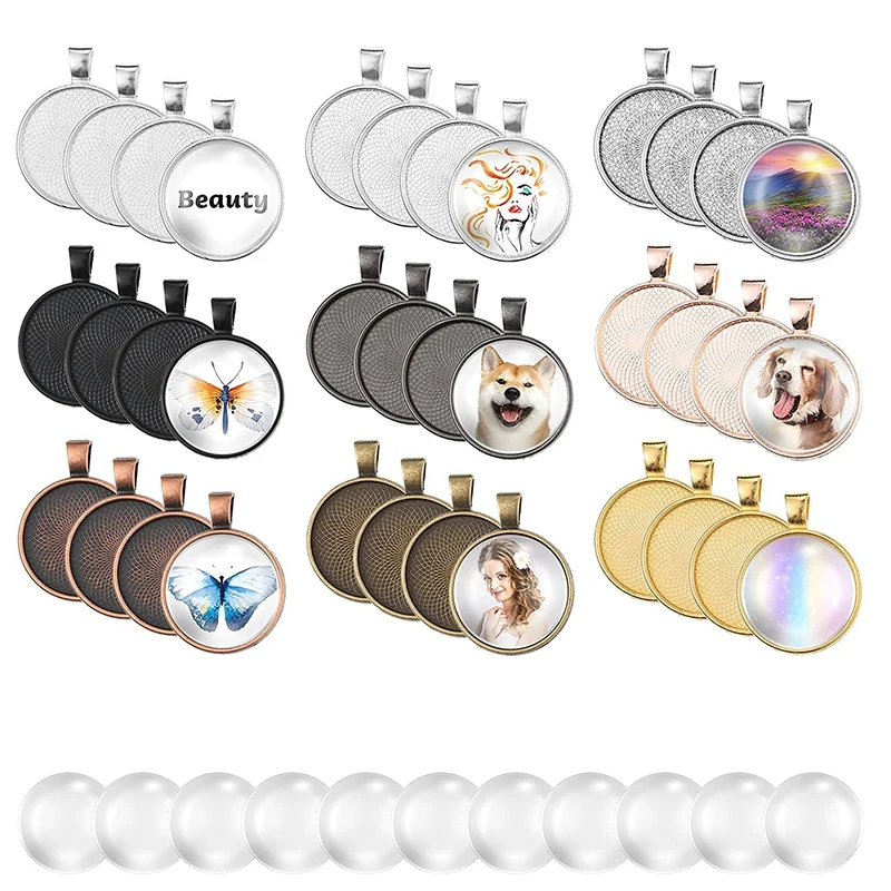 

72 Pcs Sublimation Pendant Trays Set, 36 Pieces 9 Colors Round Bezel Blanks with 36 Transparent Glass Cabochons