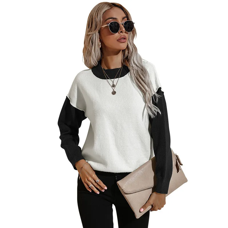 

Women Color Block Sweaters Pullovers Fall Spring Casual Long Sleeve Round Neck Loose Knit Jumpers Tops Coat for Female Ladies