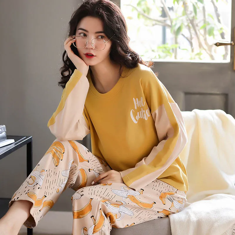 Женские пижамы новые хлопковые с принтом 2 шт. длинные рукава и брюки свободные