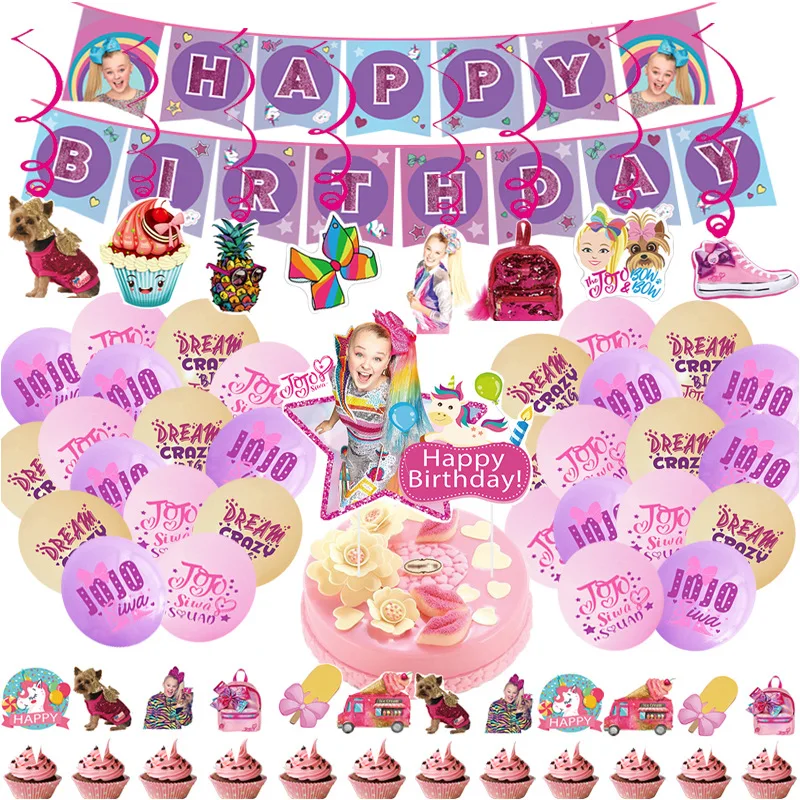 

JOJO siwa Party supplies Favors set Banner Cupcake Toppers Flag Balloons Baby Girls Birthday Party Decoration Kids