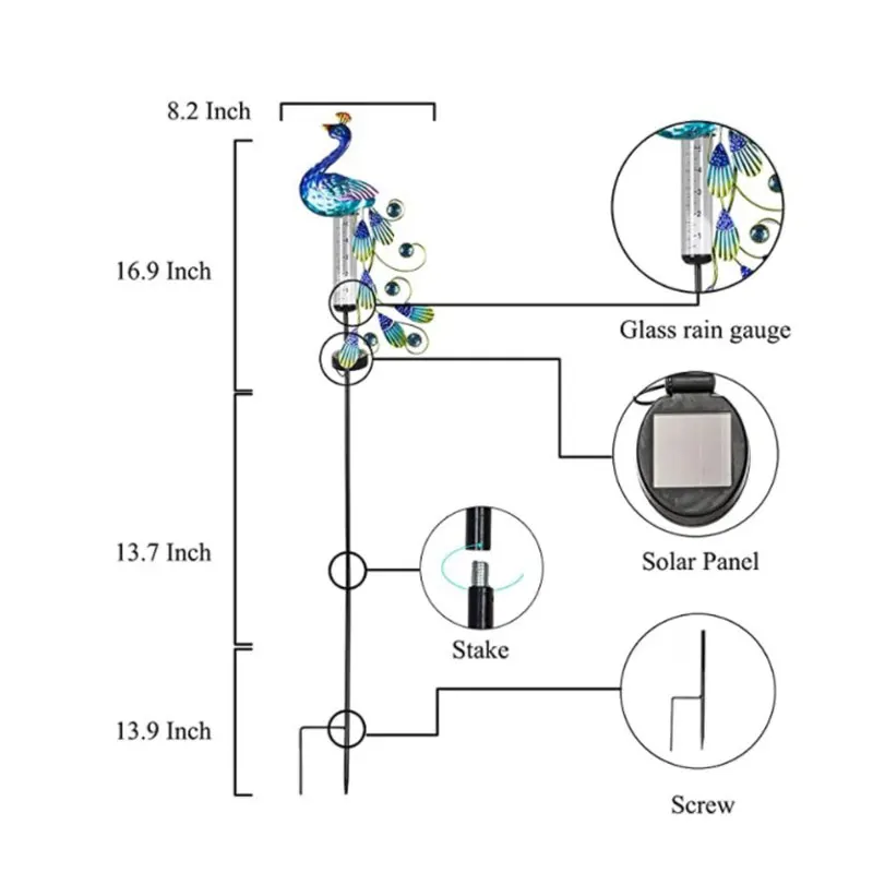 

1pcs Peacock Solar Light with Rain Gauge Lawn Lamp Vintage Solar Powered Peacock Shape Greensward Lamp for Decoration