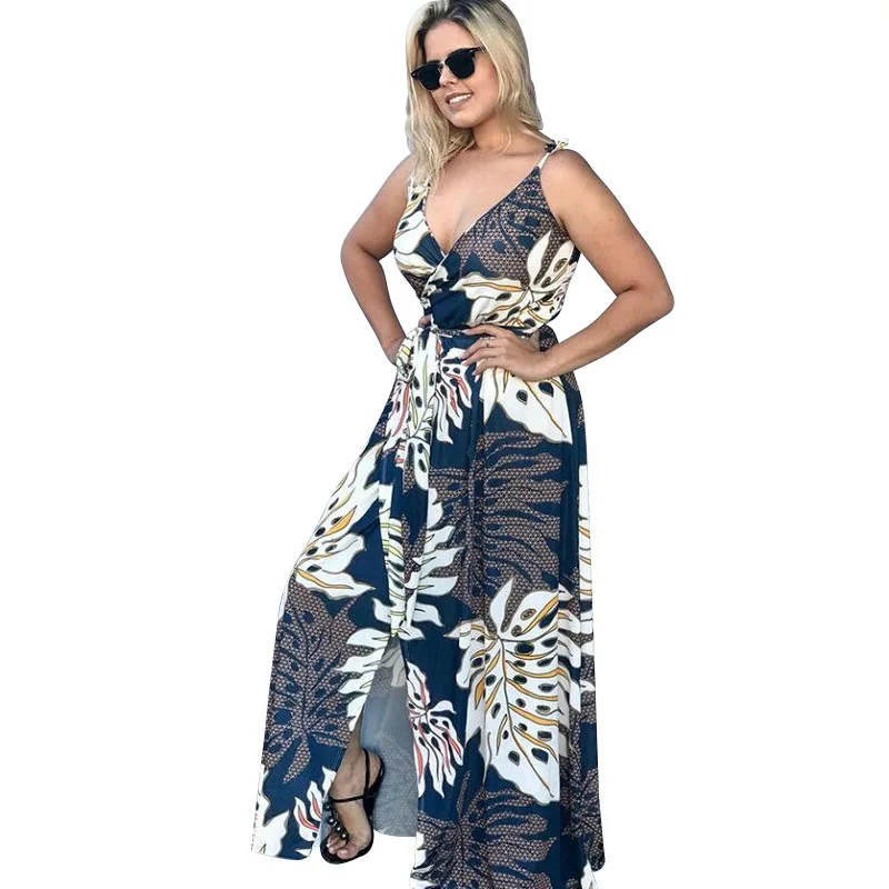 

Donsignet Fashion Women's Dress Summer Casual Hot Sale V-neck Pullover Bohemian Floral Print Sexy Split Sling Dresses for Women
