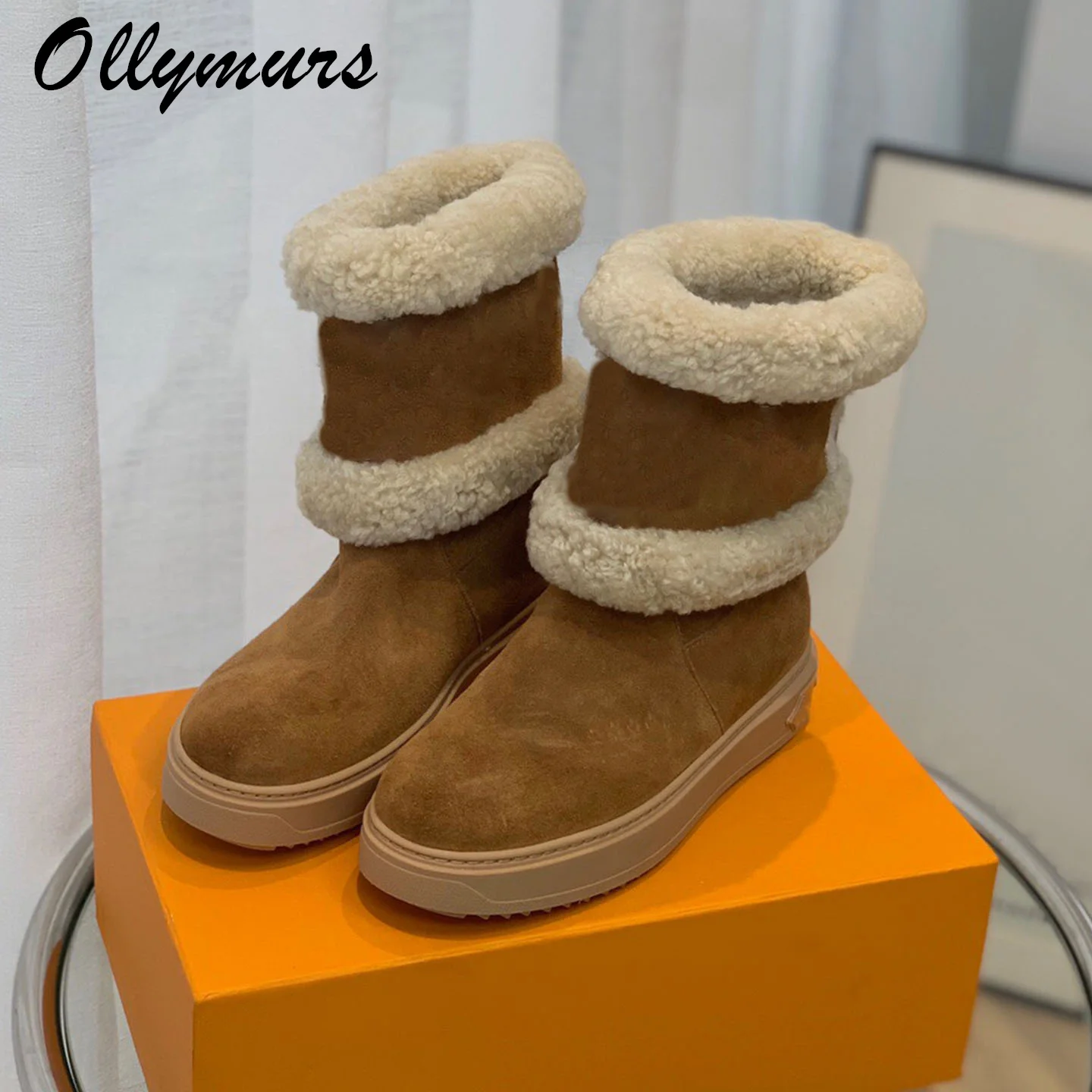 

Prowow New Khaki Genuine Leather Sheep Wool Warm Boots Platform Winter Luxury Designer Ankle Boots Female Women Shoes
