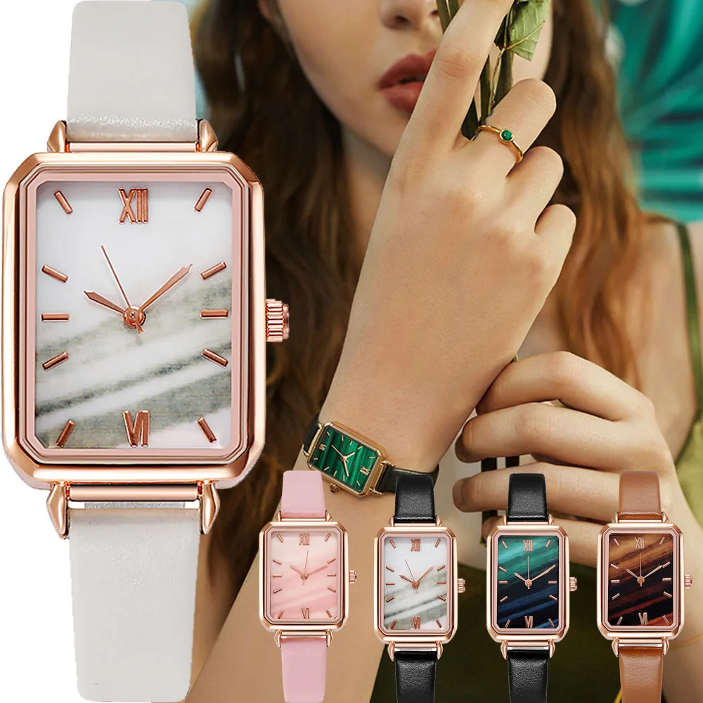 

New Product Square Watch Luxury Leather Strap Female Watch Retro Small Green Watch for Ladies Malachite Green Disc Women Watch