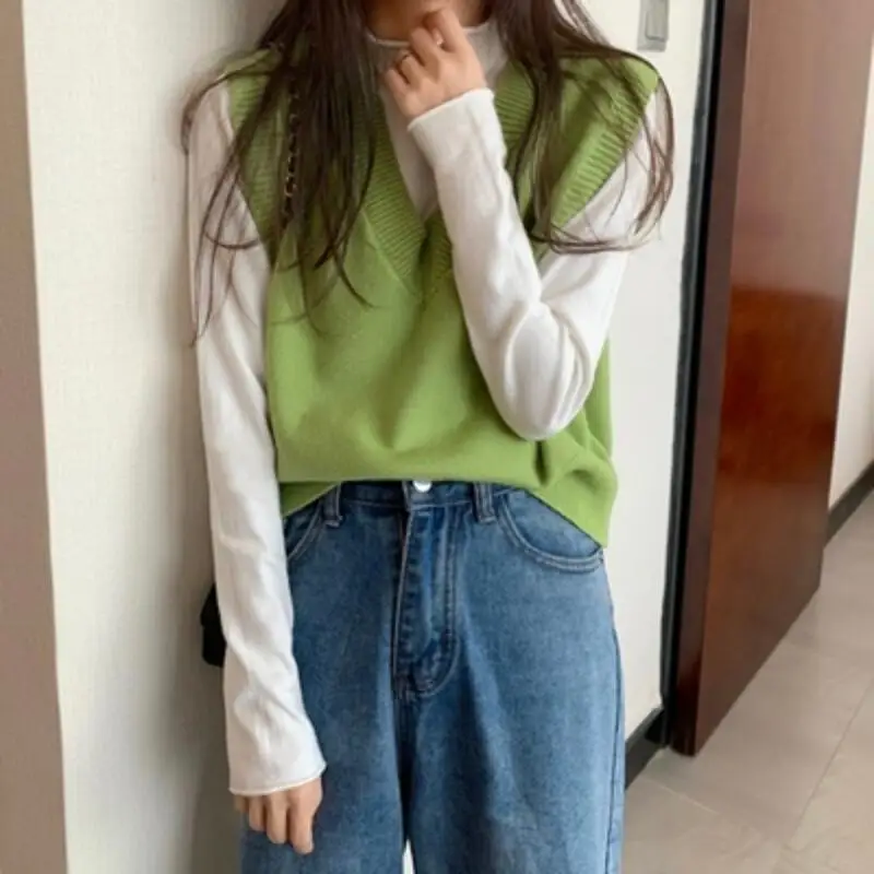 

2020 Autumn Winter Korean Women Knitted Sweater Sleeveless Women Loose Vest Ladies V-Neck Pullover Tops Female Waistcoat JW9781