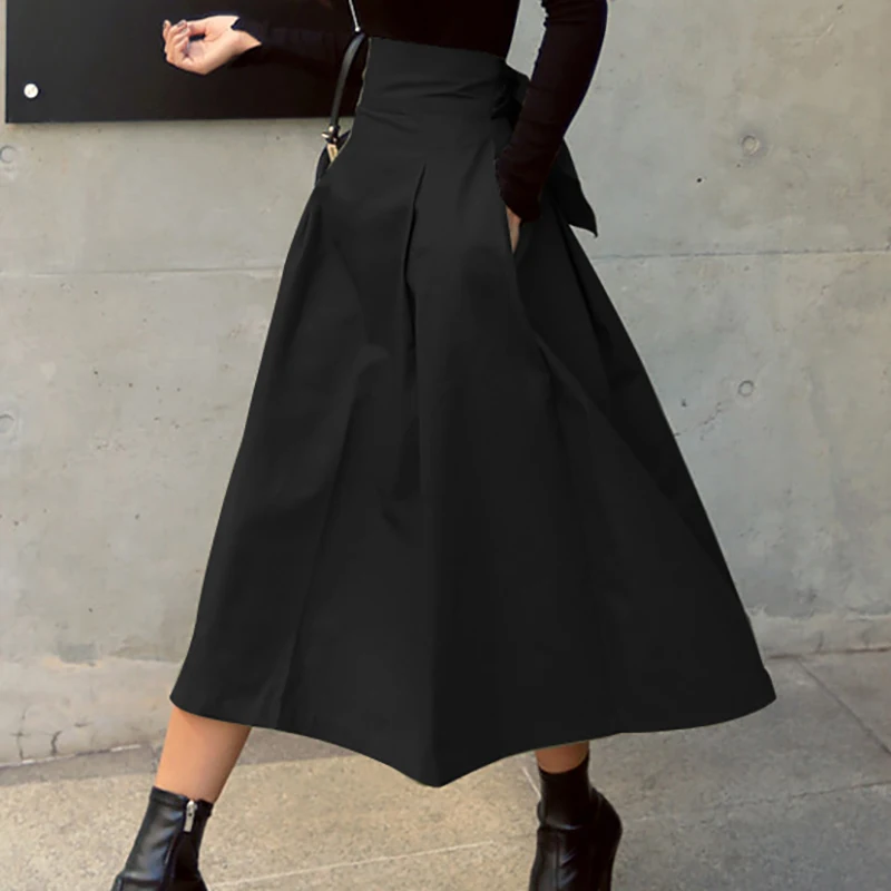 

Skirts Womens Korean Fashion Solid Color Big Swing Ladies Skirt Long Skirt 2021 Autumn Wild High Waist Bow Slim Skirts