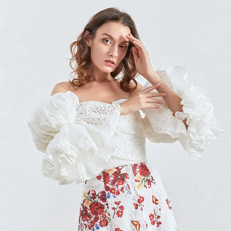 TWOTWINSTYLE Sexy Lace Women Blouses Slash Neck Off Should Flare Long Sleeve Tunic Short Shirt For Female Clothing 2020 Fashion |