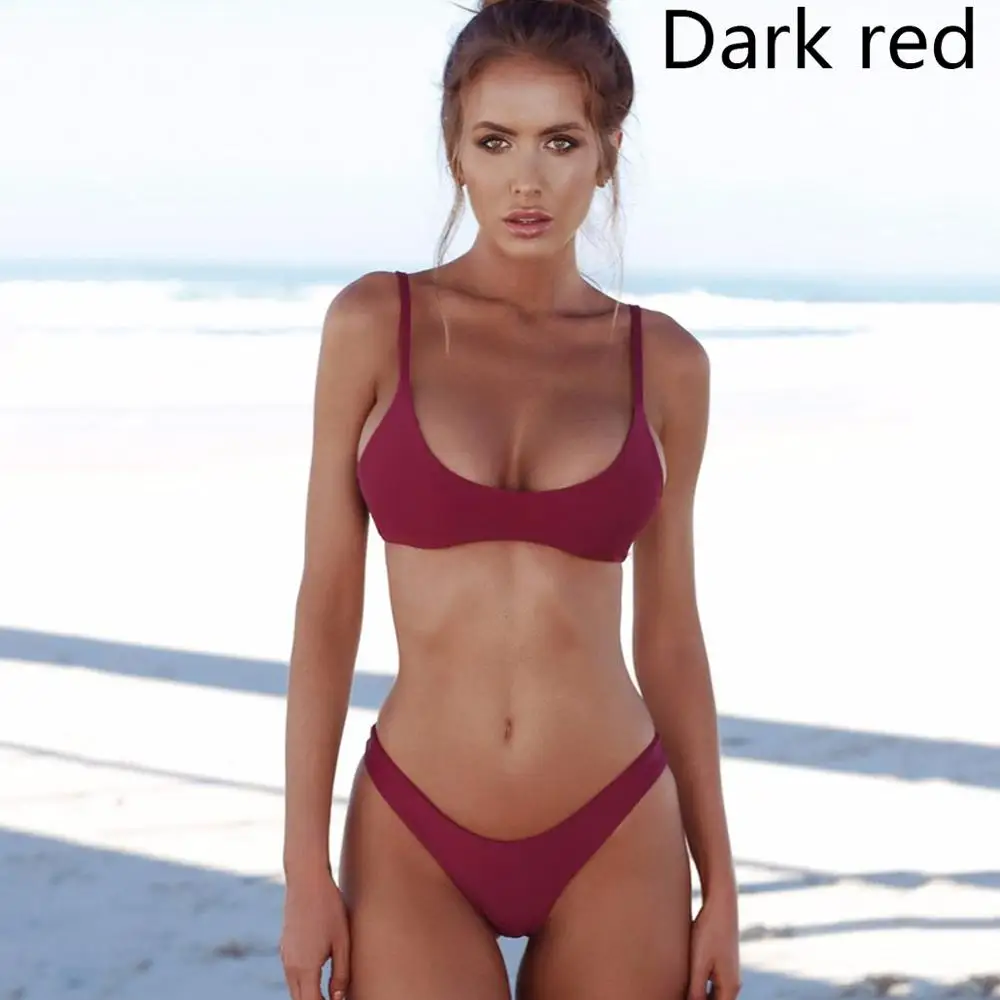 dark red 2 Бикини, Одноцветный купальник, пуш-ап, бикини,, бюстгальтер на лямках, высокая талия, купальник для женщин, бикини с принтом XXL - Цвет: dark red 2