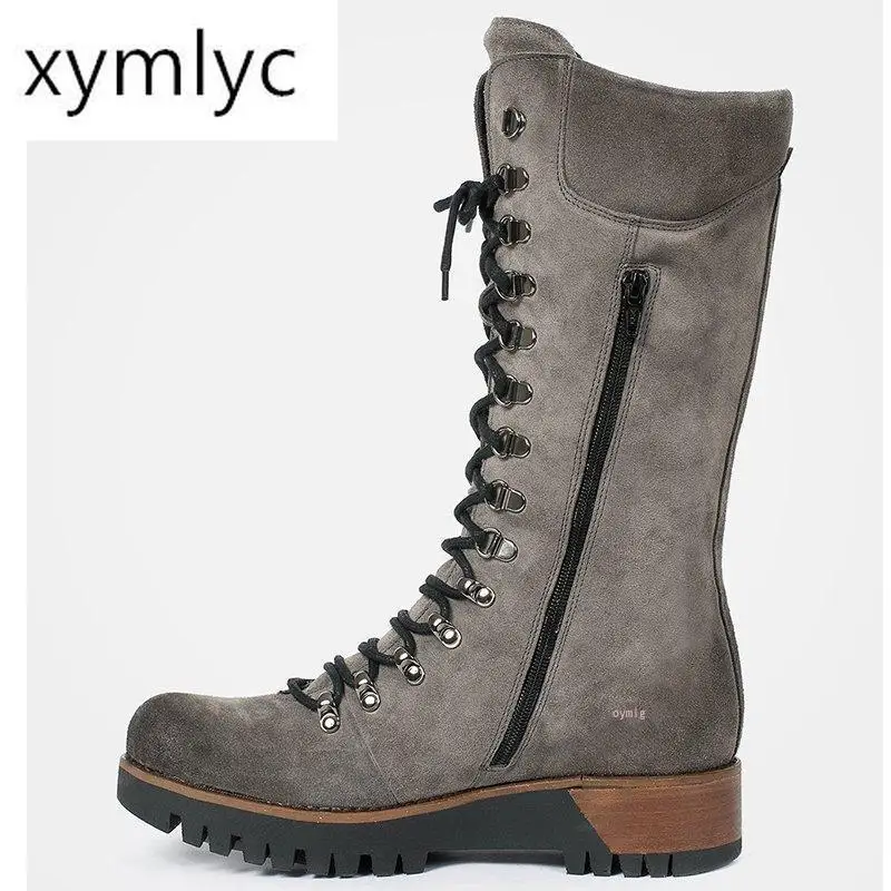 

Winter Fashion Women's Mid-Calf Boots Round Toe Western Lace-Up Side Zipper Ladies Boots Comfortable Non-Slip Motorcycle Bootie