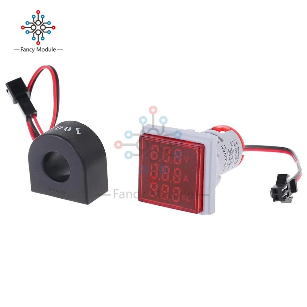 Square Red Diymore 22 мм квадратный/круглый светодиодный Вольтметр Амперметр Герц метр AC 50-500 В 0-100A 20-75 Гц Ампер Вольт Частотный индикатор с катушкой - Цвет: Square Red
