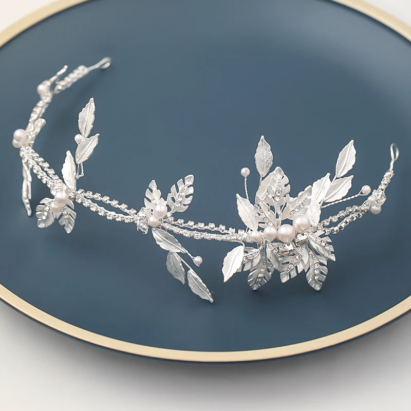 

Luxurious Gold Silver Color Pearl Tiara Crowns Bride Hairband Leaves Hair Jewelry Bridal Women Wedding Hair Accessories Ornament