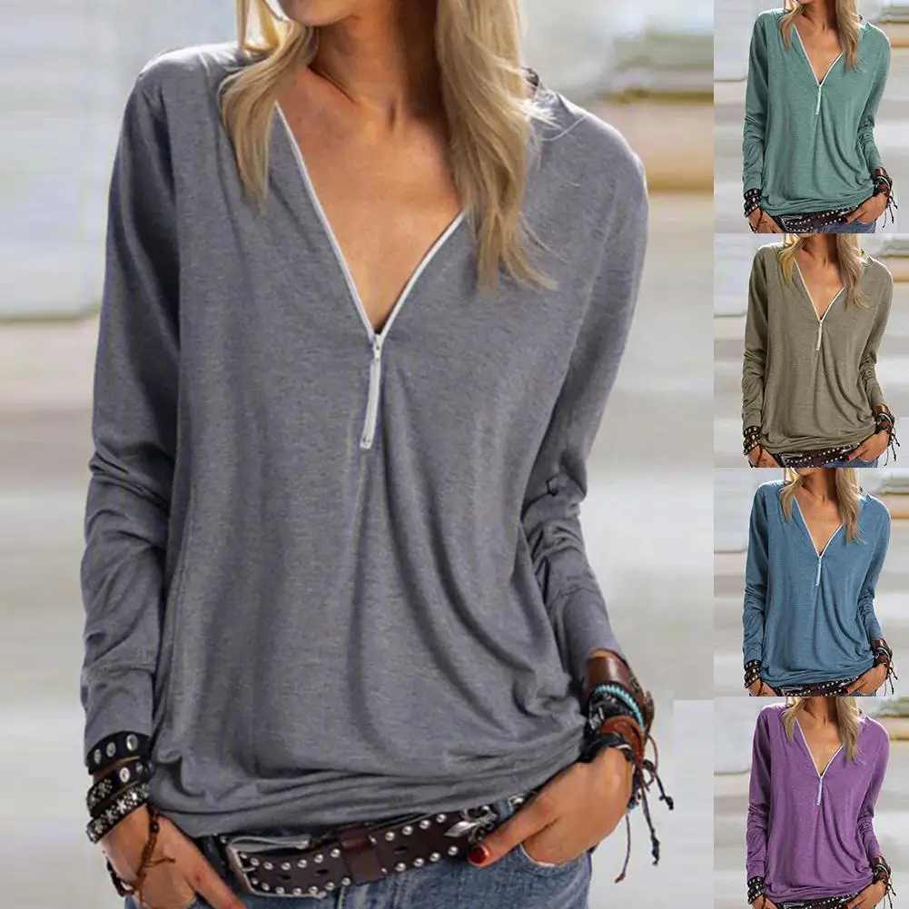 

M-4XL Women T Shirts 2022 New Fashion Sexy V Neck Zipper Big Size Long Sleeve Pull Sleeve Loose Female T Shirt Tops