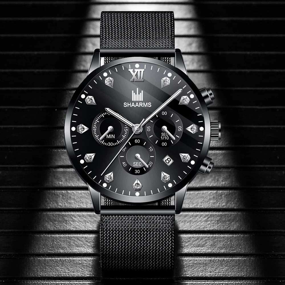 Мужские часы SHAARMS 2020 мужские черные роскошные кварцевые наручные с сетчатым