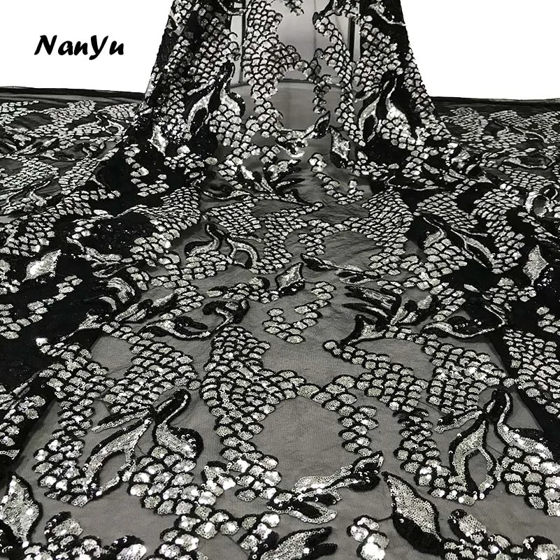 Черный Серебряный Вышивка Ткань Африканский 3 мм Блестящий Кружевной Тюль для