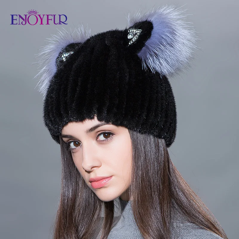 Женская шапка с кошачьими ушками ENJOYFUR, шапка из натурального меха норки на зиму