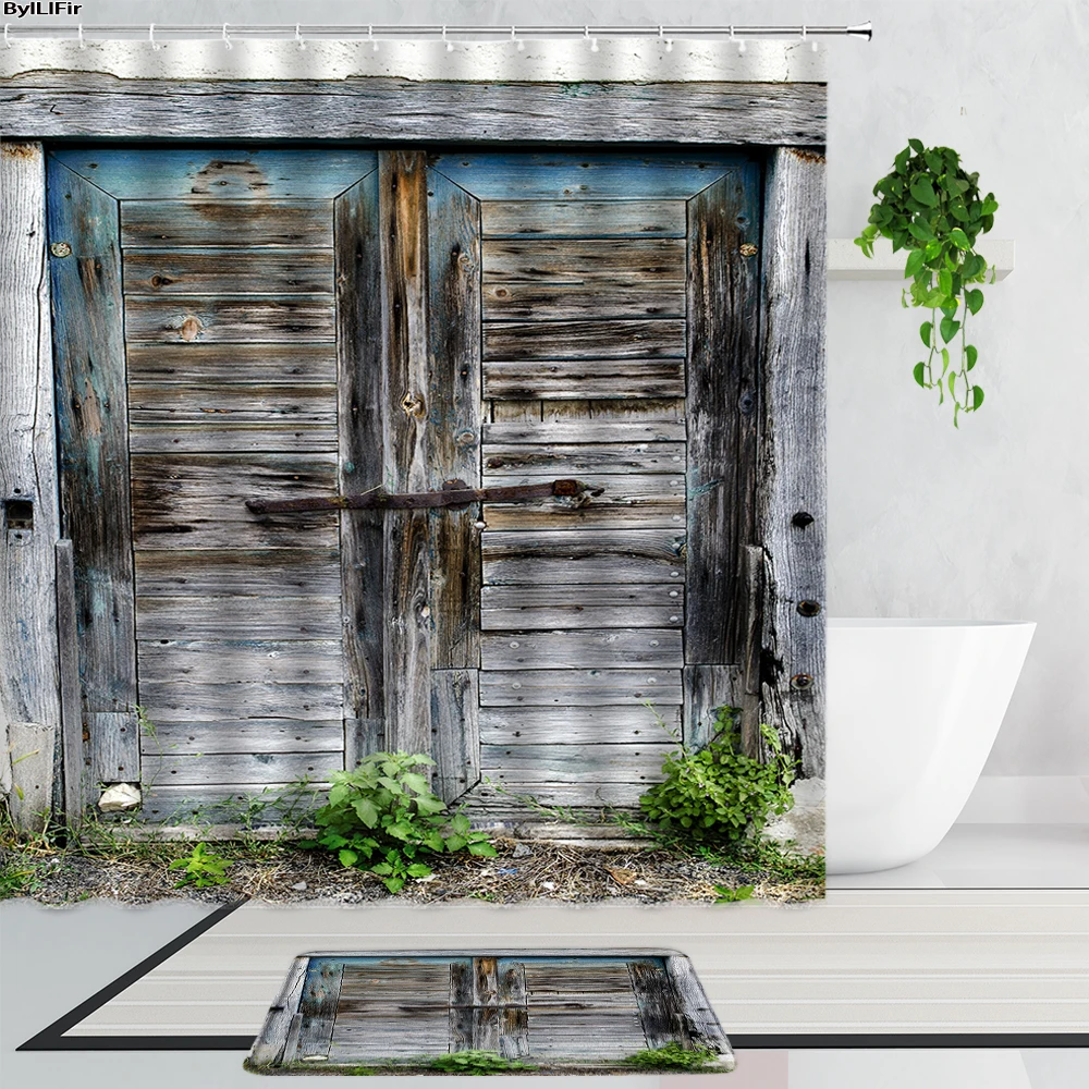 

Dilapidated Wooden Door Shower Curtains Nostalgic Country Blue Wood Grain Plants Landscape Bathroom Curtain Set Non-Slip Carpet
