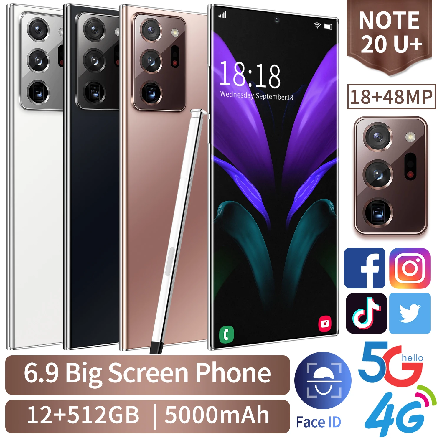 

Global Version Galxy Note20U+ Smartphone 16GB 512GB 6.9Inch 5000mAh Android 10.0 Snapdragon 865 Cellphone 4G5G Note20 Phones new