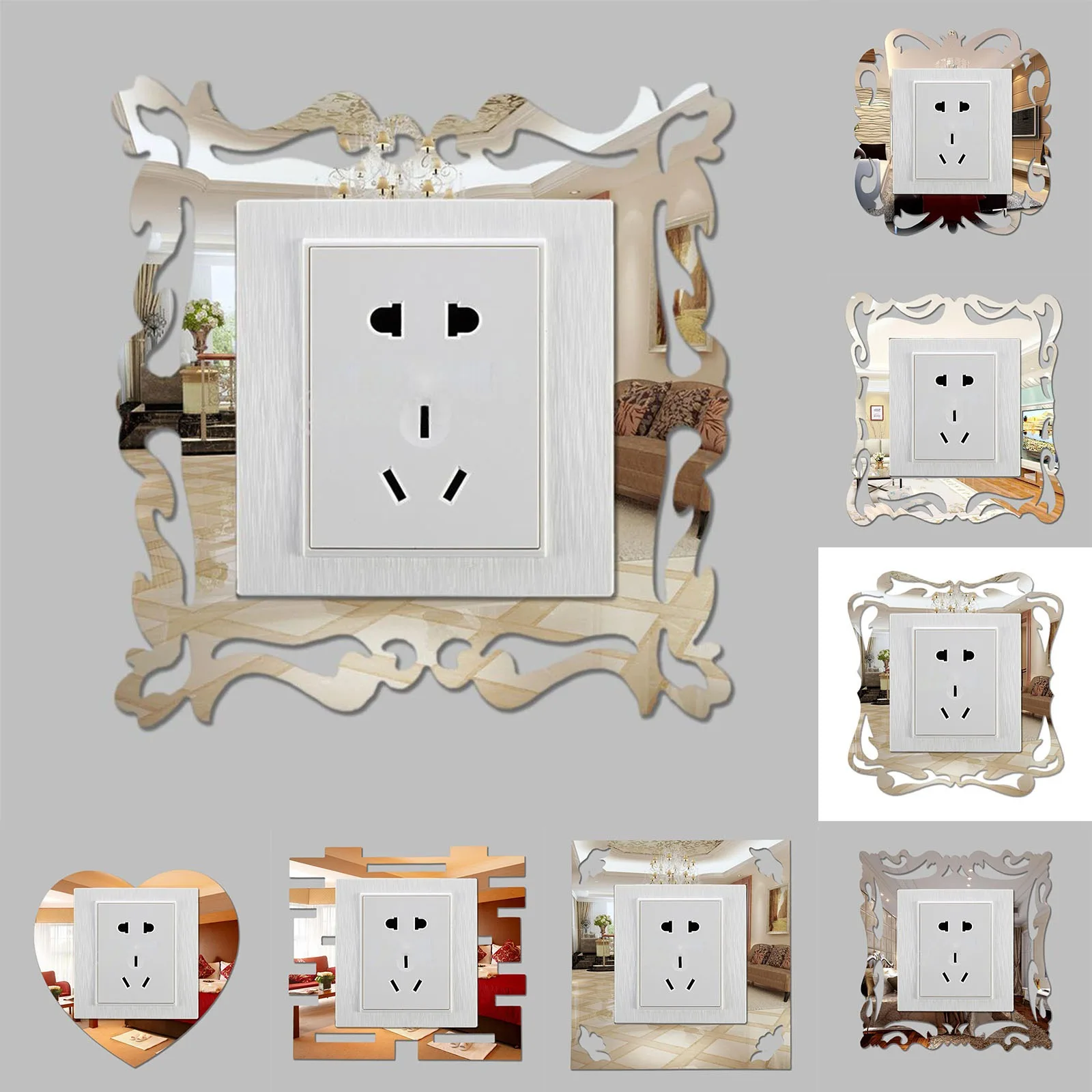 

2021 New Creative Mirror Style Switch Cover Protection Wall Sticke Decorative Stickers Square Wall Mural Socket Home Decorations