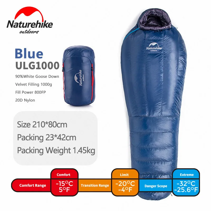 ULG1000-Blue Naturehike Кемпинг гусиный пух заполняющий 800FP зимний спальный мешок 20D нейлон Сверхлегкий утолщенный Мумия водонепроницаемый теплый спальный мешок - Цвет: ULG1000-Blue