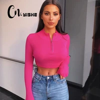 cnyishe 2021 spring casual neon crop tops t shirt women solid sexy fitness zipper tees o neck long sleeve t shirts blusas female