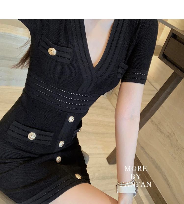 

Fashion New 2020 Summer Sheath Knit Dress V-neck Short Sleeve Black Hole Mini Casual Quality Straight Elastic vestidos robe