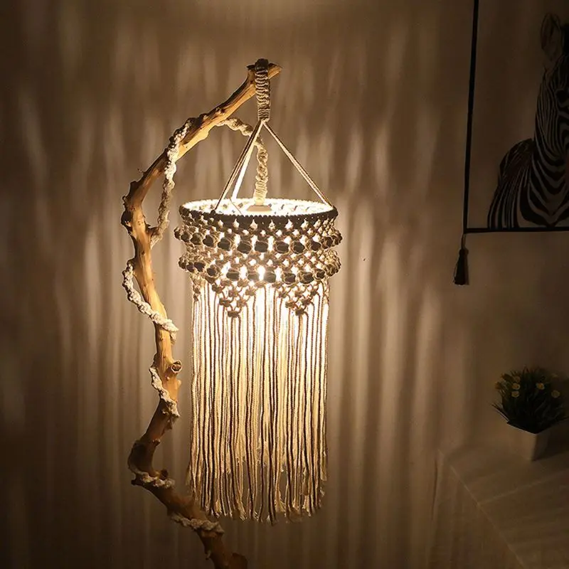 

Hand-knitted Woven Lampshade Macrame Tapestry Tassel Hanging Lamp Home Living Room Decoration LXAC