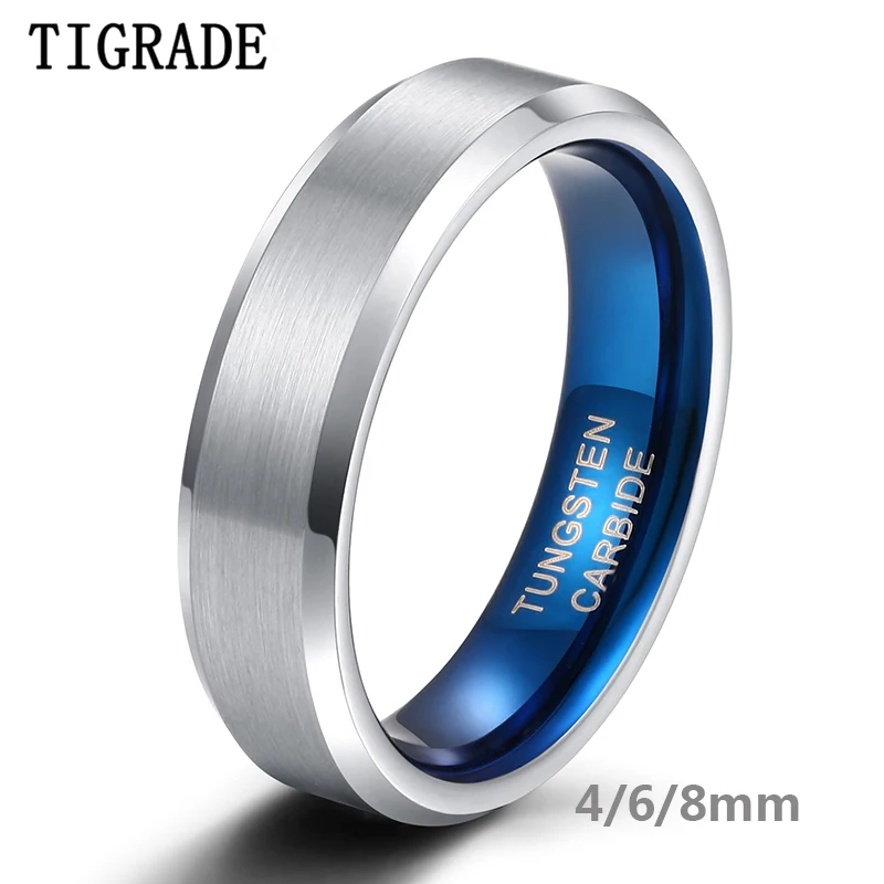 

Tigrade 4/6/8mm Classic Wedding Band Engagement Rings Silver Color Blue Engraving Tungsten Carbide Rings For Women Men Size4-14