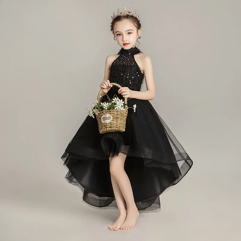 Girls Dress Tailing Black Sleeveless Costume Wedding Party Christmas Children Host Clothes Elegant Pageant Party Princess Dress