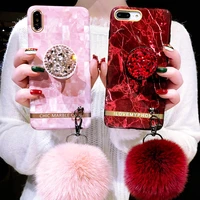 luxury diy fur ball bracket strap phone case for iphone 11promax xsiphone 12 x 6 6s plus 7 8 imd marble golden rim cover