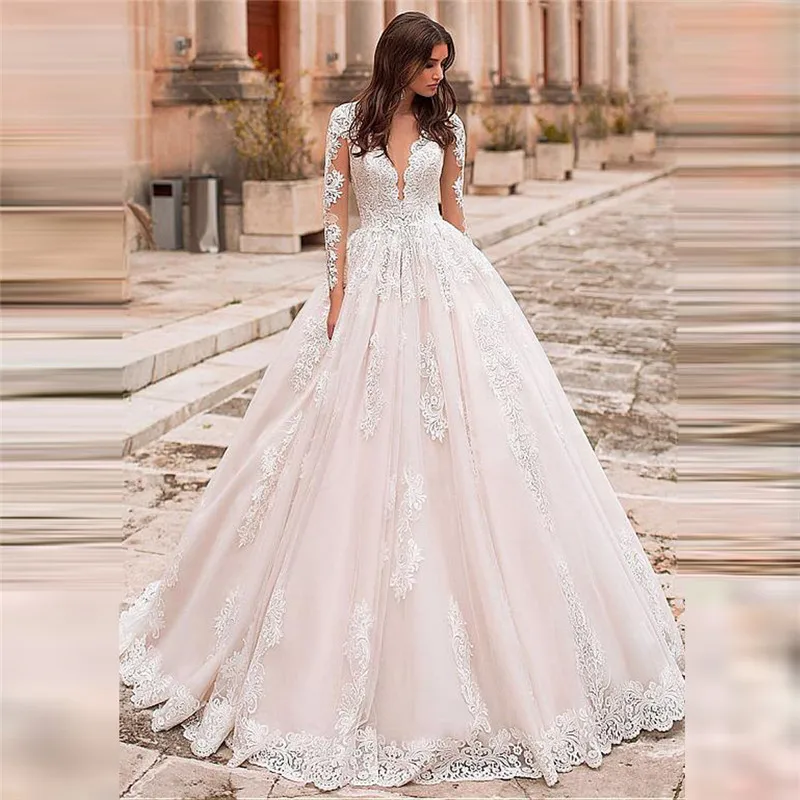 

Плиссированное бальное платье с длинными рукавами, свадебное платье с кружевной аппликацией и пуговицами сзади, 2020, свадебные платья принц...