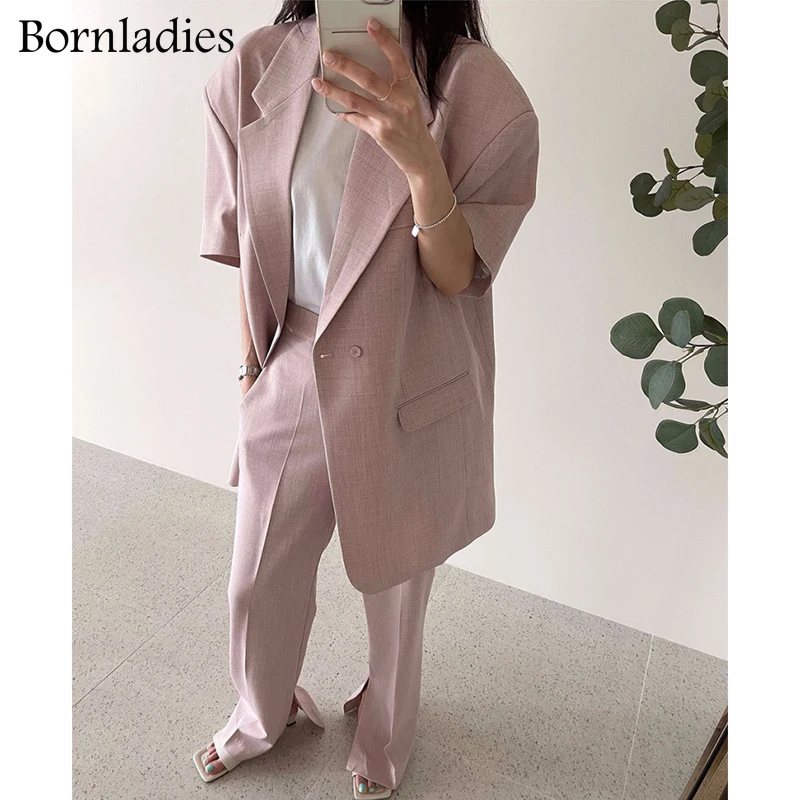 

Bornladies 2021 Summer Women 2 Pieces Sets Short Sleeve Blazer + High Waist Straight Suit Pants Elegant Office Lady Blazer Suits