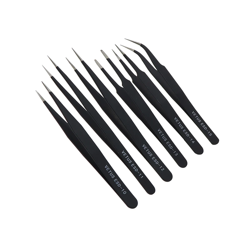 

VETUS ESD Stainless Tweezers Tool Set High Precision Tip Curved Straight Antistatic Tweezer Multifunction Nipper Repair Tool