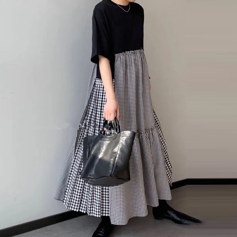 

2021 New Ladies Stitching Plaid T-shirt Dress Fashion Plaid Black Irregular Patchwork Loose Retro Big Swing Skirt Female Casual