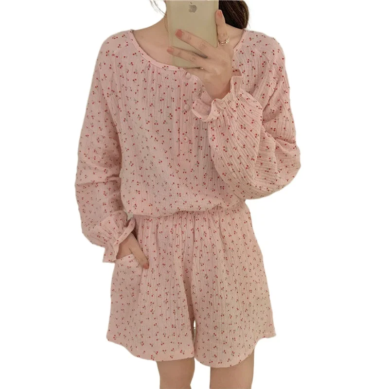 

Marple 2021.7.6 Korean Pajama Mujer Cherry Print Cotton Yarn Sleepwear Set Long Sleeve Top+Shorts Ruffle Homewear Breathable