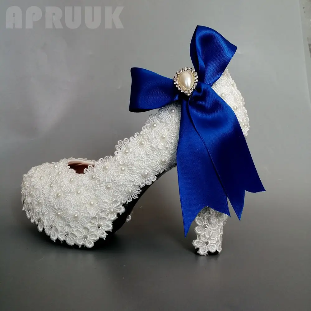 White lace pearl wedding party pumps with royal blue satin riband butterfly-knot bridal bridesmaid dancing dress shoes plus size | Обувь
